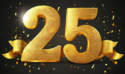 gold glitter number 25 with shimmering gold ribbon, falling confetti and bright sparkle on dark background conveying festive celebratory joy
