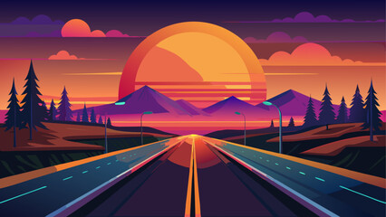 Road to Horizon: An inviting road winds towards the vibrant sun set, bordered by lush trees and majestic mountains. Embrace the promise of journeys. 