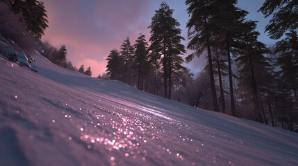 Snowy forest slope illuminated by sunrise, showcasing sparkling snowflakes beneath tall evergreen trees, under a vibrant pink sky. A serene winter landscape. Image made using Generative AI.