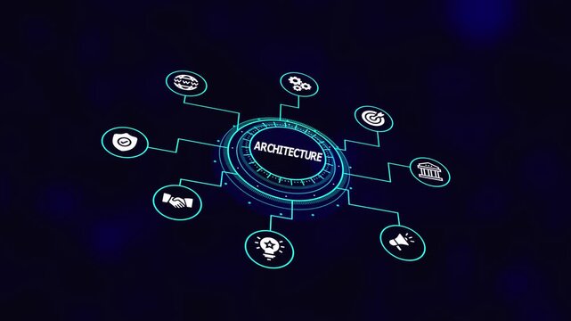 Business architecture framework concept with structured digital icons, system design visualization, scalable workflow model, and modern technology integration.