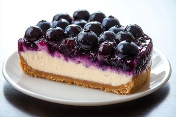 Slice of blueberry cheesecake with graham cracker crust, creamy filling and glossy whole blueberries on a white plate, fresh and indulgent dessert