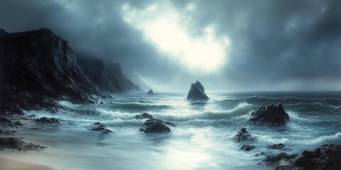 Dramatic stormy seascape with jagged coastal cliffs, rocky sea stacks and crashing foamy waves beneath a brooding light-filled storm sky, evoking solitude and awe