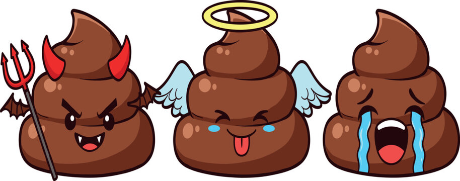 Funny cartoon poop emoji character illustration set featuring devil, angel, and crying expressions in cute colorful vector style