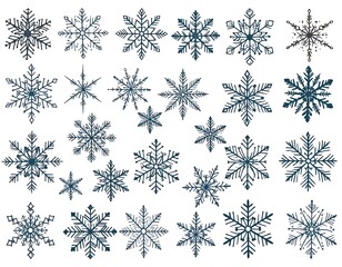 A collection of various stylized snowflakes in shades of blue. The delicate designs showcase intricate details and symmetry