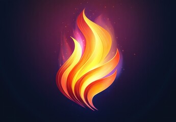 Vibrant layered flame with glowing sparks and flowing golden orange curves on a dark purple background conveying warmth and energy