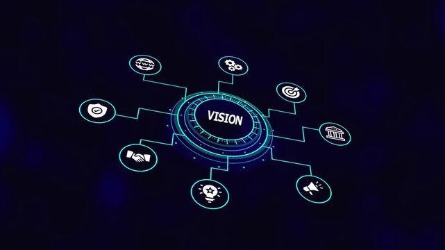 Strategic business vision concept with connected digital icons, future planning system, leadership insight, innovation roadmap, and technology framework.