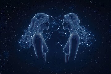two glowing female silhouettes facing each other connected by star constellations in a contemplative cosmic scene