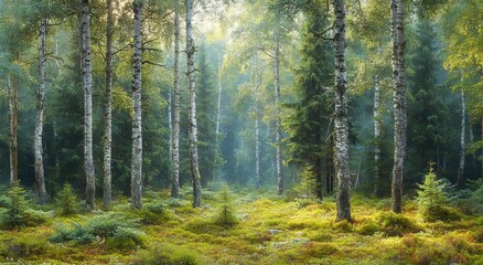 Fototapeta premium Sunlit birch and evergreen forest with mossy ground and soft morning mist, a peaceful and serene woodland clearing