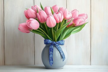 Soft bouquet of pink tulips in a round ceramic vase tied with a blue ribbon on a white wooden table, evoking gentle spring serenity © zhuan