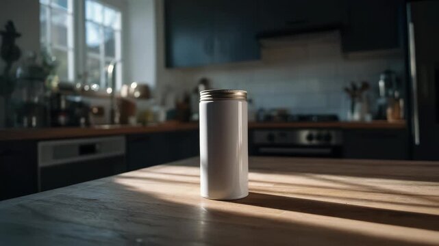 Minimalist aluminum thermos bottle on wooden kitchen counter in sunlight