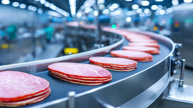 Sliced Hams Moving Along a Conveyor Belt in a Meat Processing Plant
