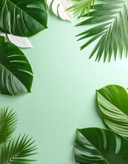 Tropical leaves on mint green background