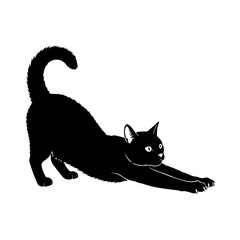 A sleek black cat silhouette illustration in a downward-facing dog stretch pose against a pure white background isolated on transparent background