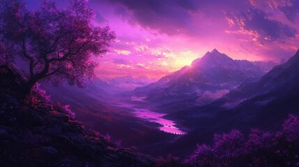 A serene mountain landscape with a river at sunset with purple hues in the sky