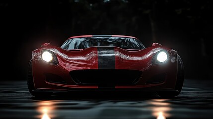 Low-angle front view of a glossy red sports car with black racing stripe and glowing headlights on a wet reflective road, dramatic and powerful mood