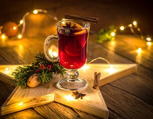 A festive warm drink in a glass, with orange slices, spice and a cinnamon stick, on a lit-up star. Wooden surface