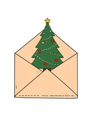 A festive, whimsical illustration shows a decorated Christmas tree emerging from an opened envelope on a white background