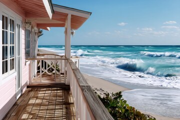 pastel-colored beach bungalow overlooking the beach and ocean