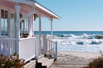 pastel-colored beach bungalow overlooking the beach and ocean