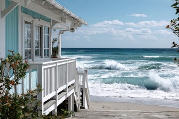 pastel-colored beach bungalow overlooking the beach and ocean