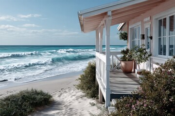 pastel-colored beach bungalow overlooking the beach and ocean