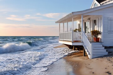 pastel-colored beach bungalow overlooking the beach and ocean