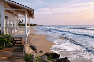 pastel-colored beach bungalow overlooking the beach and ocean