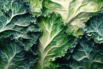 Close-up of fresh curly green kale leaves with pronounced white veins and ruffled edges, vibrant textured surface conveying crisp freshness and natural vitality