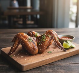 Grilled chicken wings with sesame and herbs on wooden board, served with lime wedges and dipping sauce&mdash;warm light, rustic style, appetizing close-up