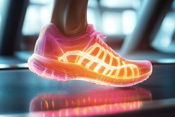 glowing neon running shoe with translucent wireframe on a treadmill, foot in motion conveying a futuristic energetic workout