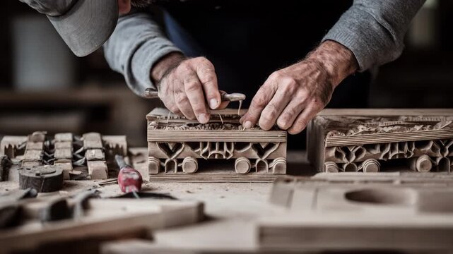 Craftsman assembling a handcrafted wooden mail unit focusing on detailed carving and finishing touches in a workshop environment.