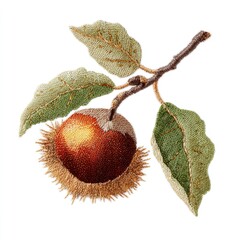 Single Chestnut Fruit on Branch with Green Leaves Detailed Illustration