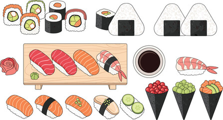 Japanese sushi food vector set featuring nigiri, maki rolls, onigiri, hand rolls, soy sauce and traditional cuisine illustration elements © Sumon Creative