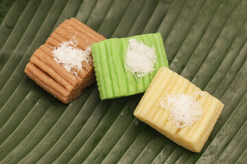 Gethuk Lindri, an Indonesian traditional snack made from cassava and shredded coconut, on banana leaf