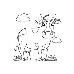 A black and white line drawing of a smiling cow standing in a field