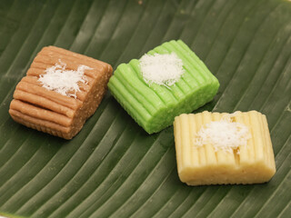 Gethuk Lindri, an Indonesian traditional snack made from cassava and shredded coconut, on banana leaf