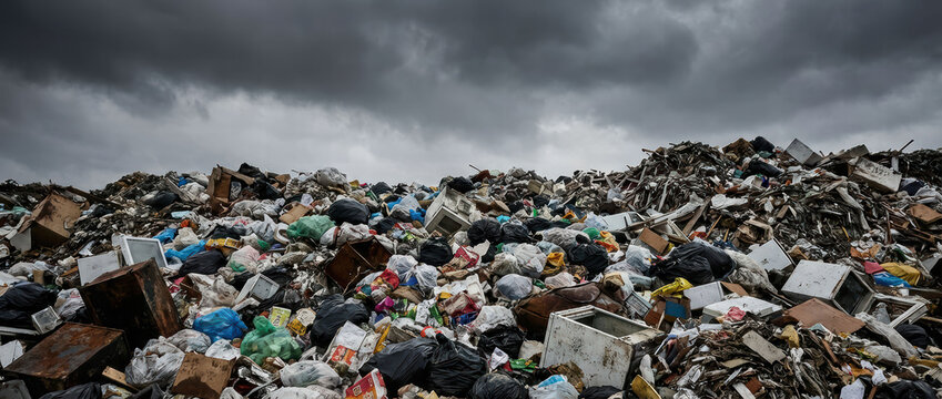 Massive landfill mountain filled with various types of waste, including plastic bags, furniture, and debris cloudy sky evokes sense