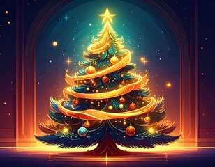 A festively illuminated evergreen, adorned with ornaments and a shimmering gold ribbon, topped with a glowing star. The scene is warmly lit