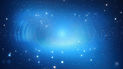 glowing blue abstract scene with a luminous center, concentric circular ripples, scattered sparkling particles and soft bokeh conveying serene futuristic wonder