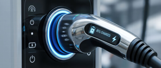 High quality close up of electric vehicle charging connector displaying charging status and indicators. sleek design emphasizes modern technology