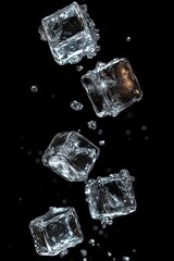 Five ice cubes and scattered water droplets suspended midair against a black background, crisp, cool and refreshing, capturing motion and sparkling clarity