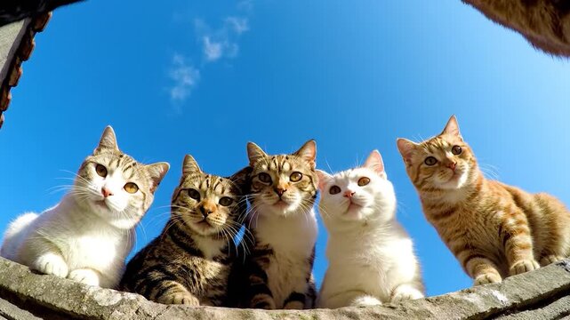 Group of domestic cats with curious gaze against clear blue sky outdoor background