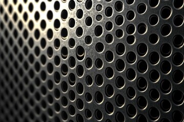 close-up of metallic perforated panel with repeating circular holes, warm highlights and deep shadows creating a sleek industrial and moody atmosphere