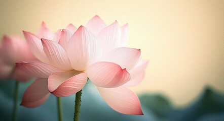 Obraz premium Soft pink lotus blossom with layered delicate petals, slender green stem and blurred pastel background conveying serene peaceful calm