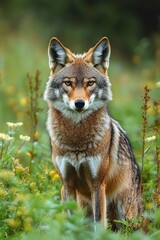 Fototapeta premium Alert wild coyote standing in a flowered meadow with calm, watchful gaze and soft green background
