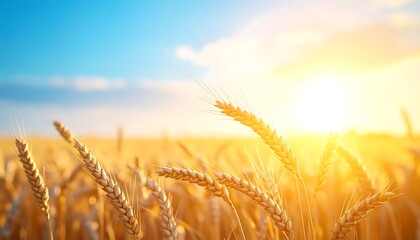 A field of golden wheat, bathed in the warm glow of the setting sun with a clear blue sky. Harvest time is near