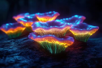 Fototapeta premium Glowing bioluminescent mushrooms with vibrant blue, orange, and green light emitting from their gills on a dark forest floor