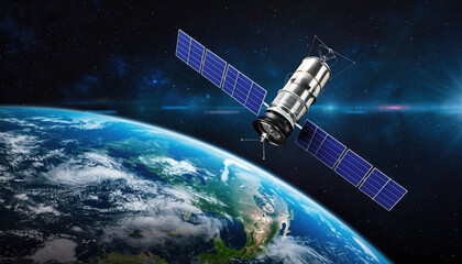High tech satellite in orbit above Earth, showcasing solar panels and advanced design, symbolizing innovation and exploration