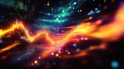 Abstract digital visualization of colorful flowing waveforms and particles with dynamic light effects representing data and energy movement