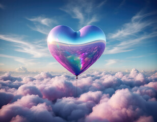 Fototapeta premium Shiny heart balloon floats gracefully among fluffy clouds, reflecting vibrant colors in serene sky. scene evokes sense of joy and wonder